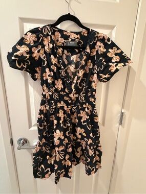 Anthropologie Black Floral Short-Sleeve Tiered Dress